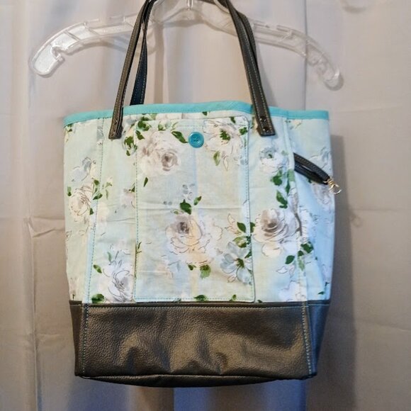 New Boho Roses Floral Tote Shopper shoulder Bag Blue Gray Double handle Carryall - Picture 2 of 12